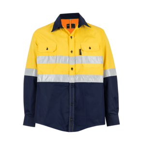 Navy/Yellow Pioneer Hi-Visibility Shirt 100% Cotton - Long Sleeve